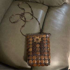 Coconut Shell Purse CrossBody Bag Flower Floral Beads Brown Zipper